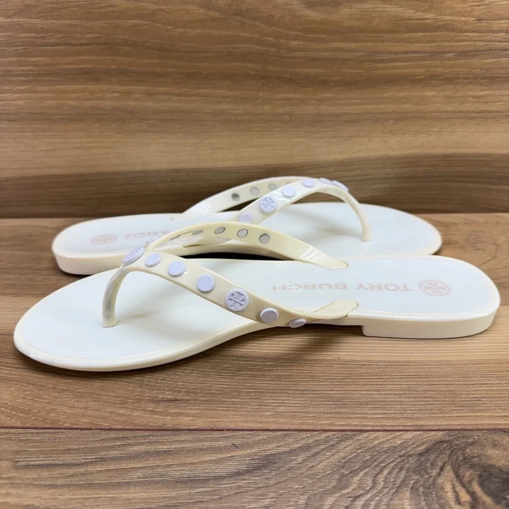 Tory Burch Jelly Studded Flip Flops Womens 7 Off White Vacation Travel Pool